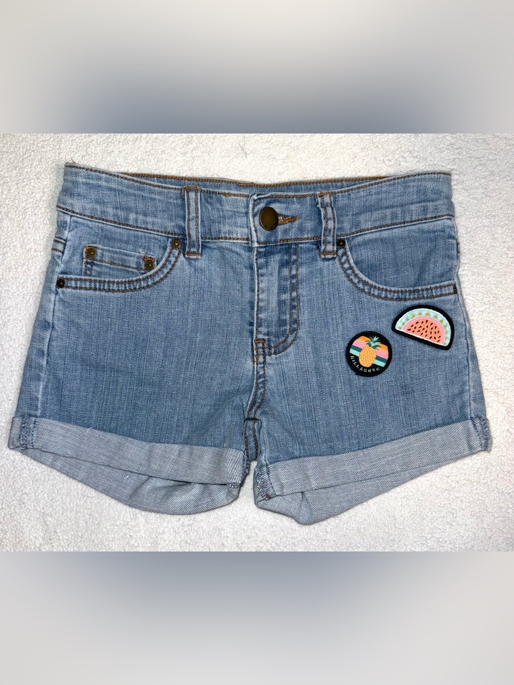 Billabong girl denim shorts with fruit patches, size 10